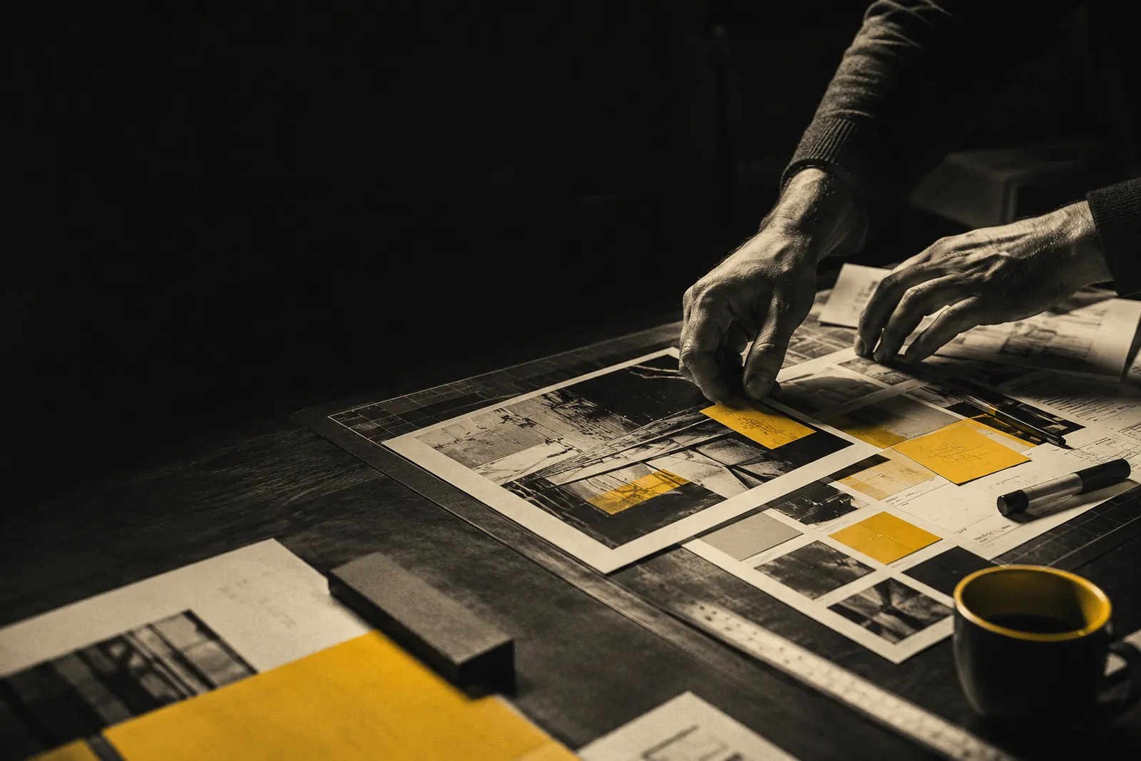 Mesa de trabalho da TUSKO com provas de layout em preto e amarelo sendo organizadas à mão