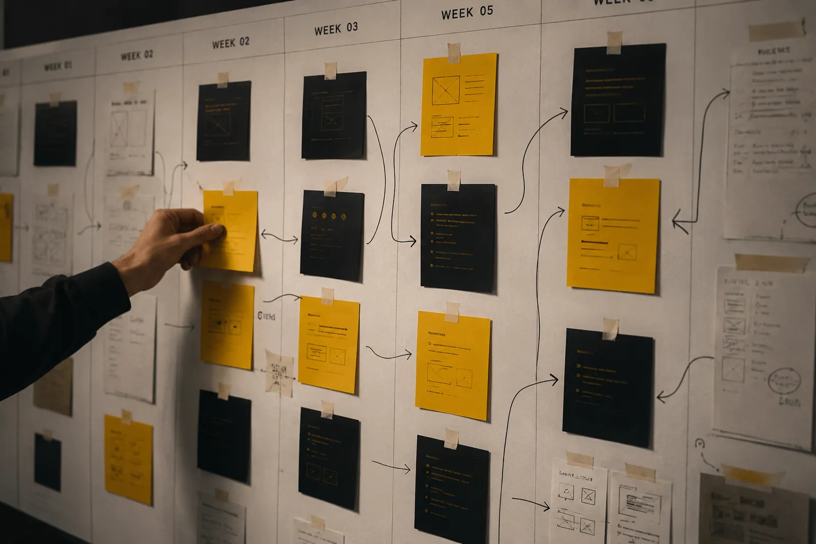 Parede de planejamento da TUSKO com o calendário de conteúdo por semanas em cartões preto e amarelo